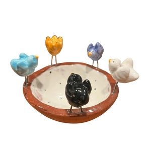 Handcrafted Trinket Bird Bath Surrounded by Five Birds. Clay Bowl